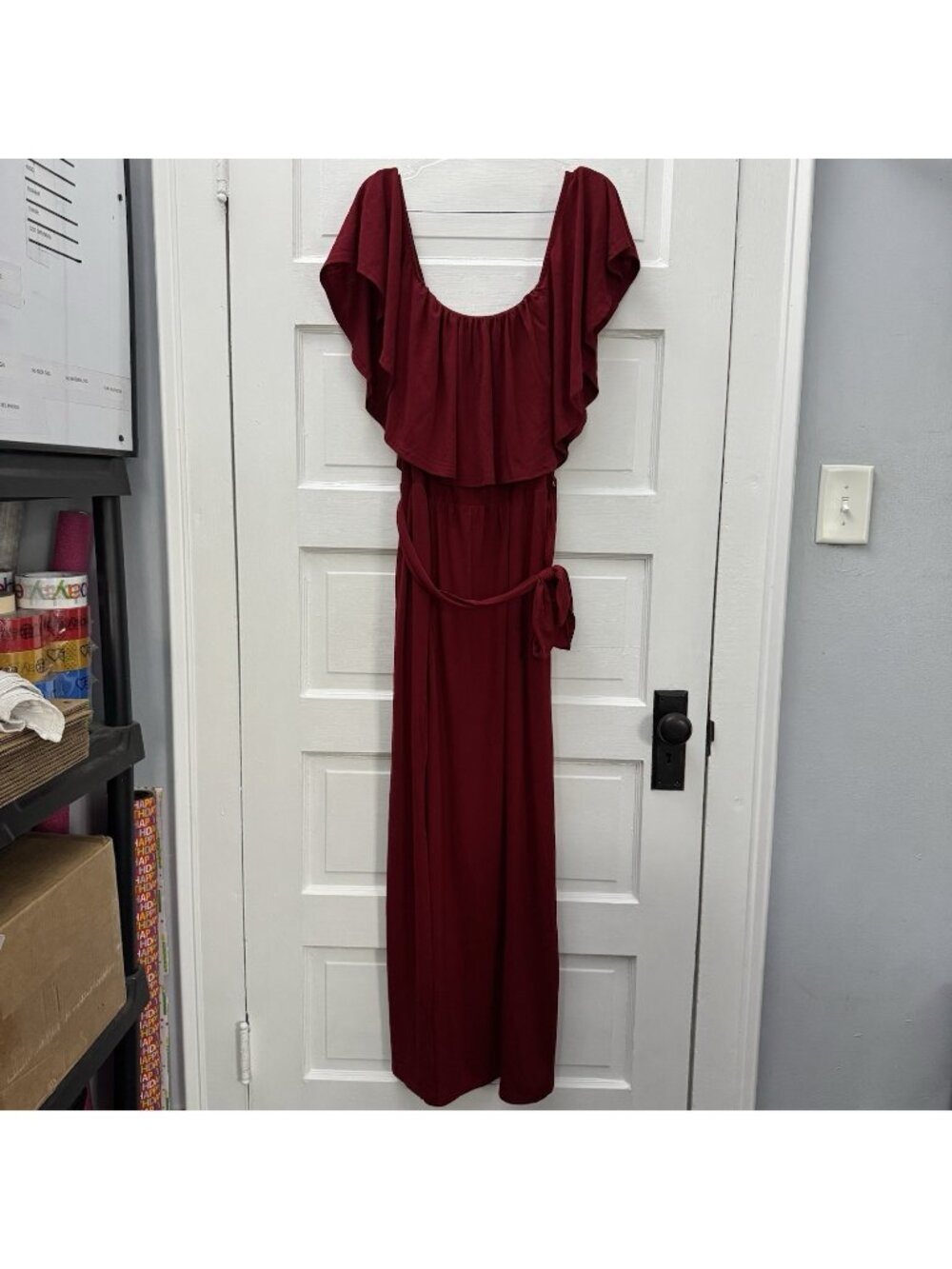 Pinup Fashion Burgundy Off Shoulder Maxi Dress Flutter Sleeve Belted 18